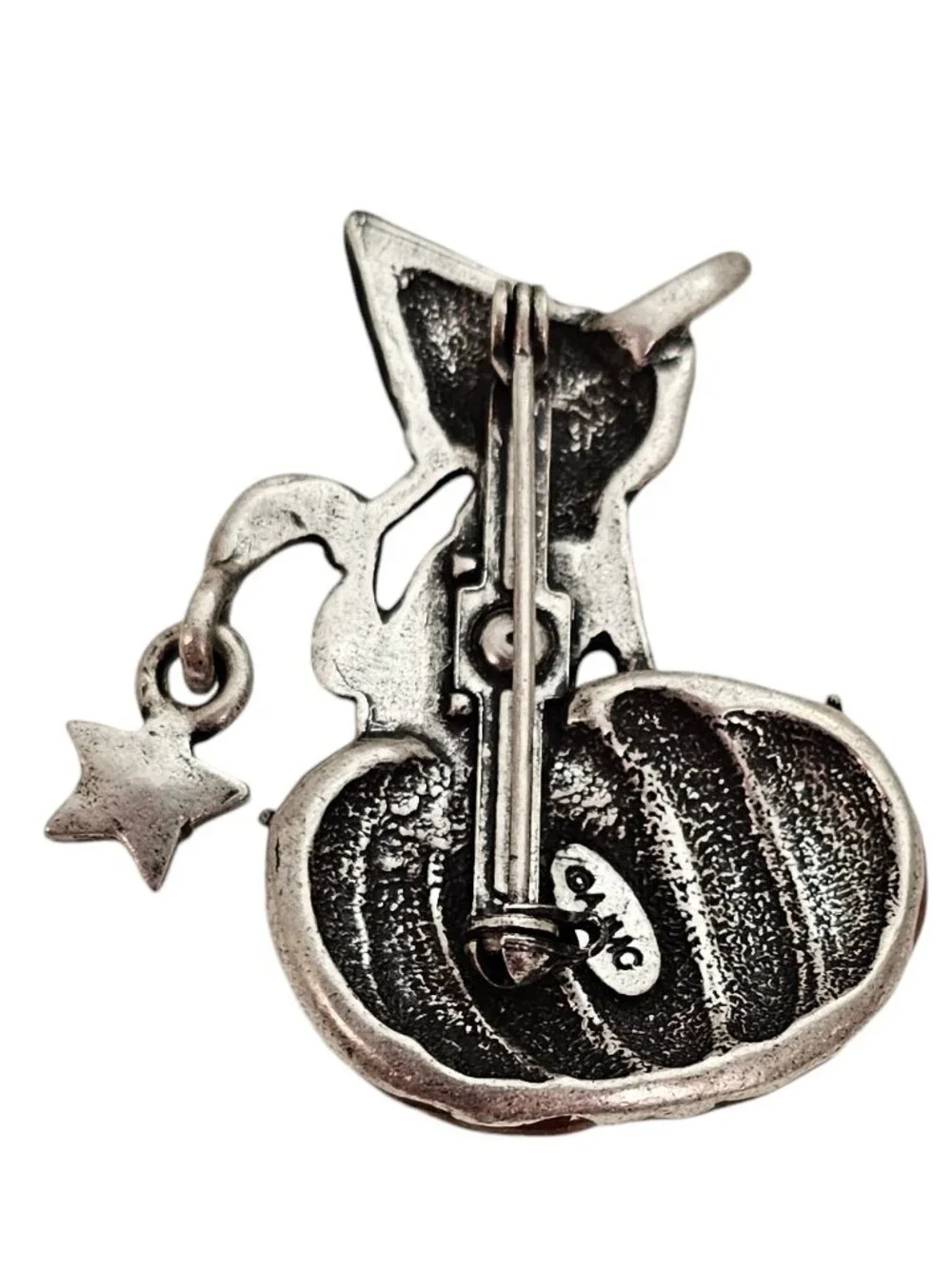 AJMC Witch Cat On Pumpkin Enamel Brooch, Star Dangle Charm Pin, Signed L444